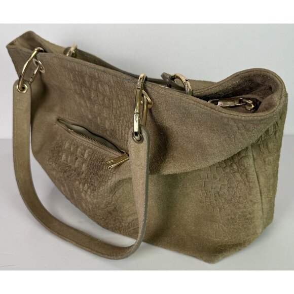 Vera Pelle Large Tote Leather and Suede Crocodile Embossed Bag Purse Tan GUC - Picture 8 of 16